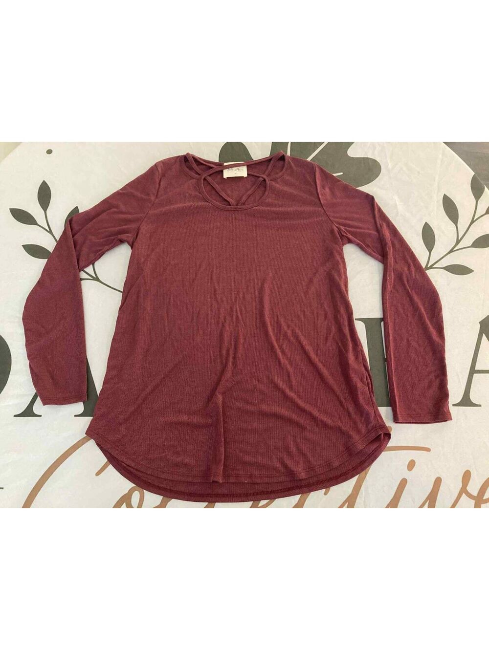 Ella More Long Sleeve Ribbed Knit Top in Burgundy, Size M